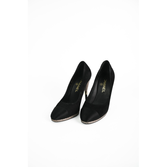 Chanel Pump Black Suede Satin Cap Toe Metallic Heel