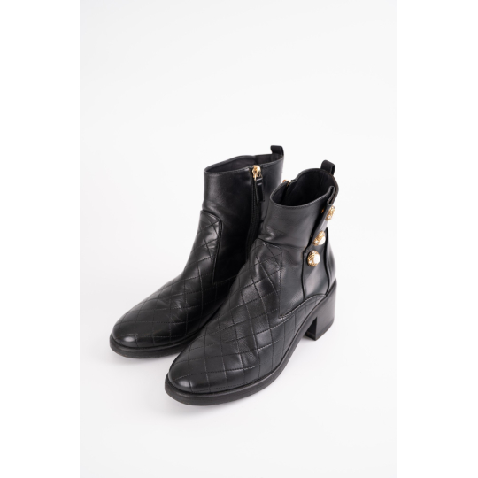 Chanel Quilted Ankle Boot Black Leather Gold CC Buttons