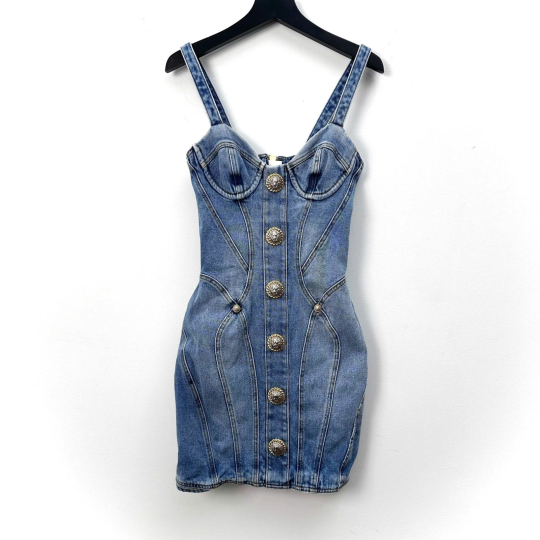 Đầm Balmain Denim Corset Nút Bạc Size 34