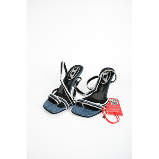 Diesel Oval D Strappy Heel Sandal Denim Crystal