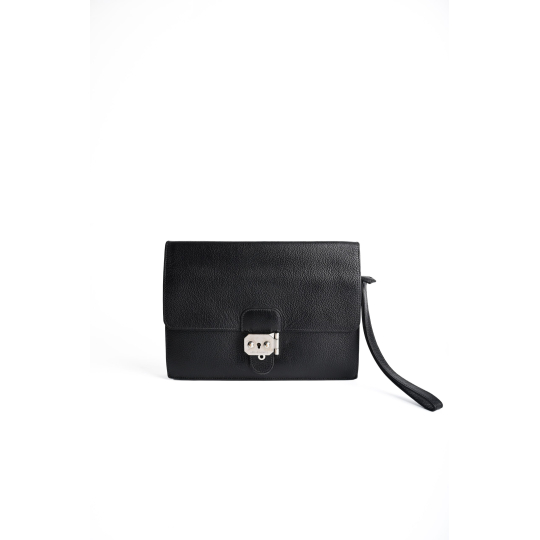 Hermès Clutch Da Đen Khóa Kim Loại