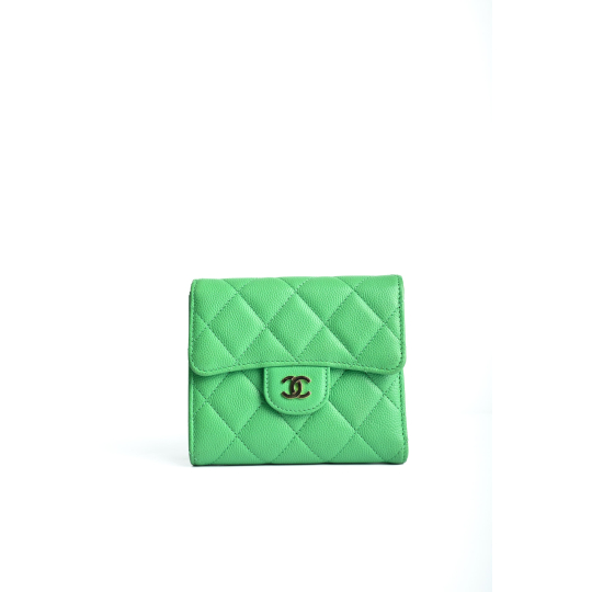 Chanel Ví Gập Compact Xanh Lá Da Caviar