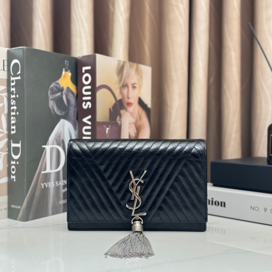 Saint Laurent Monogram Chain Wallet Tassel Black Chevron
