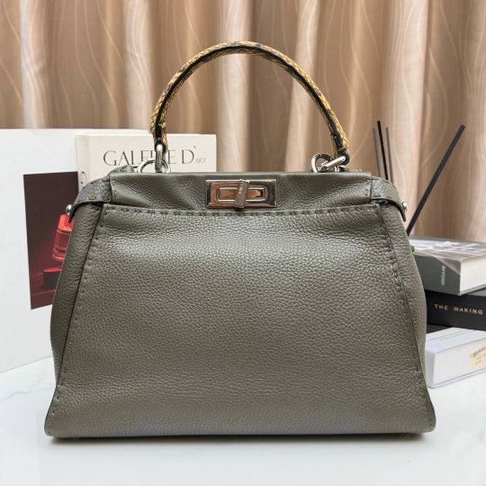 Fendi Peekaboo Regular Grey Grained Leather Python Handle