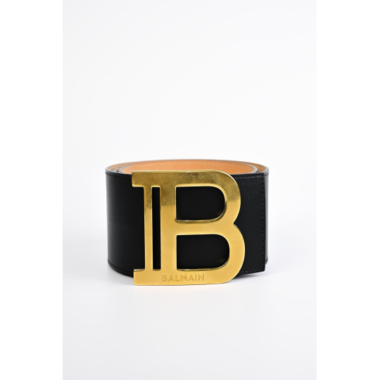 Balmain Thắt Lưng Bản To Da Đen Khoá Chữ B Vàng