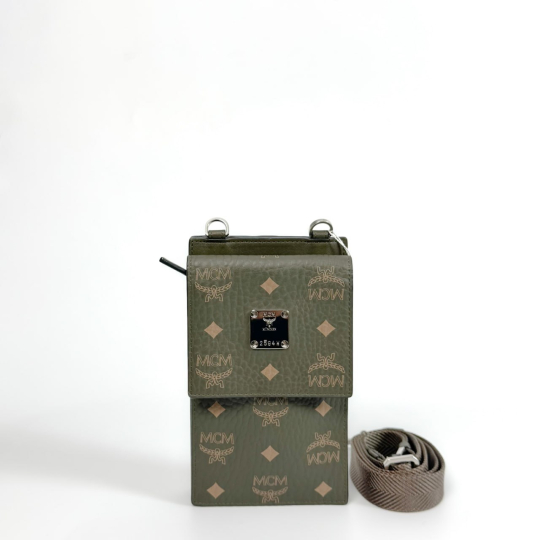 MCM Visetos Phone Crossbody Card Holder Green
