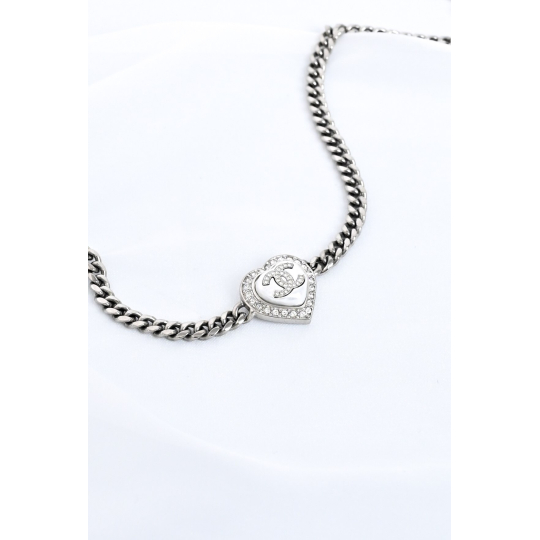 Chanel Vòng Cổ Chuỗi Trái Tim CC Đính Đá Bạc