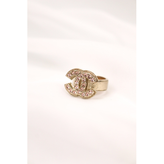 Chanel CC Ring Gold Tone Crystal Pave