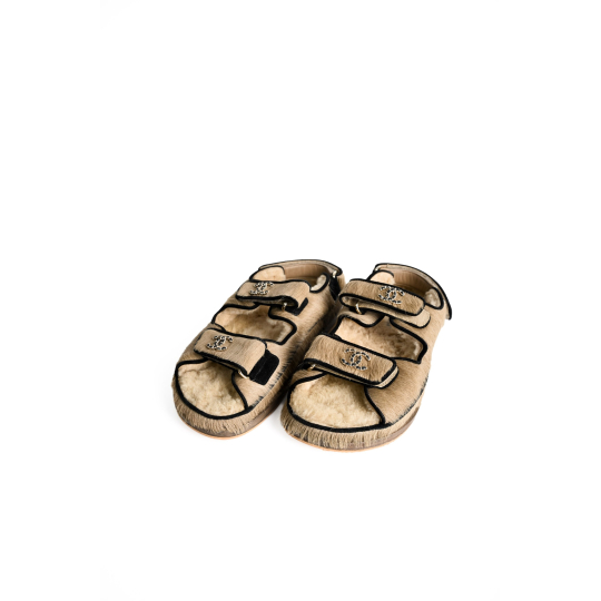 Chanel Dad Sandal Beige Pony Hair Shearling CC