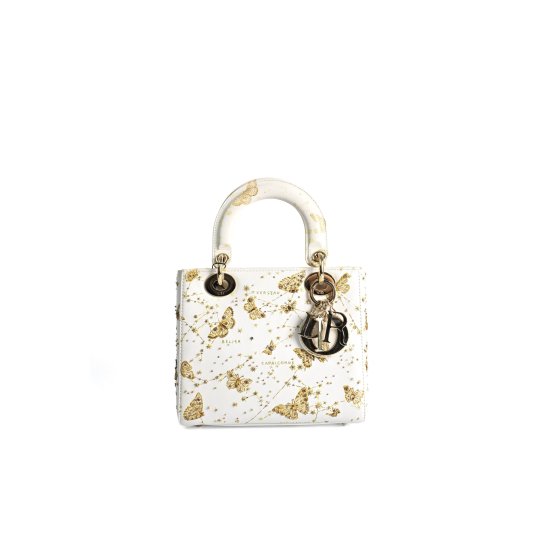 Dior Lady Dior Small White Calfskin Gold Butterfly Print