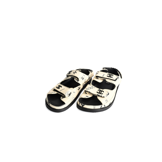 Chanel Dad Sandals Ivory Black Logo Print