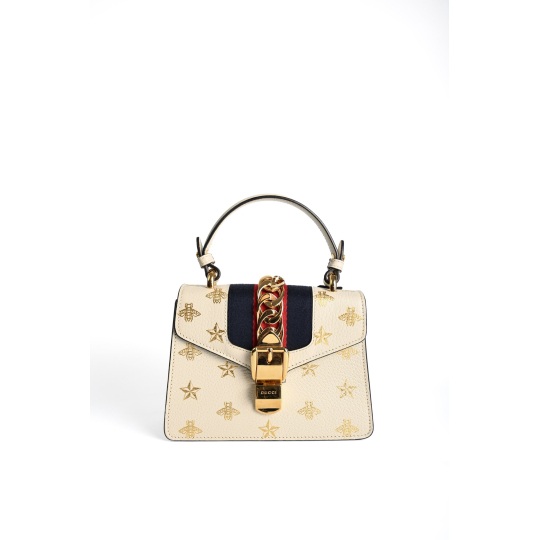 Gucci Sylvie Mini Top Handle White Bees And Stars