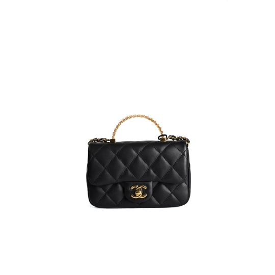 Chanel Mini Flap Top Handle Black Lambskin Gold Hardware