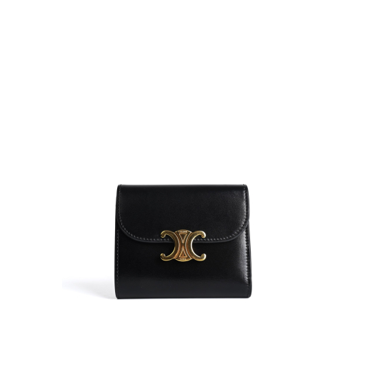 Celine Triomphe Compact Wallet Black Calfskin