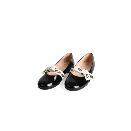 Dior Kids Ballet Flat Black Patent Logo Ribbon