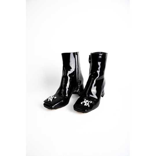 Louis Vuitton Patent Ankle Boot Black Monogram Flower