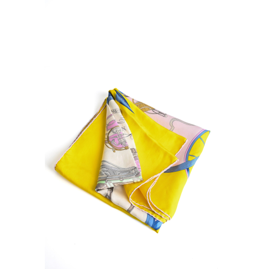Hermes Silk Scarf 90 Carriage Print Yellow Pink