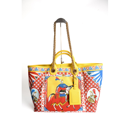 Dolce &amp; Gabbana Shopping Tote Carretto Siciliano Canvas Yellow