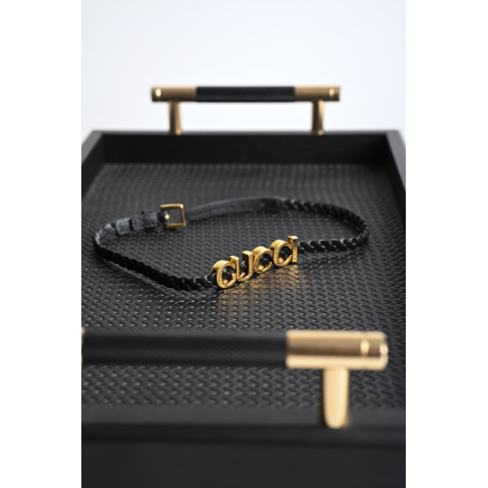 Gucci Leather Bracelet Black With Gold Letters