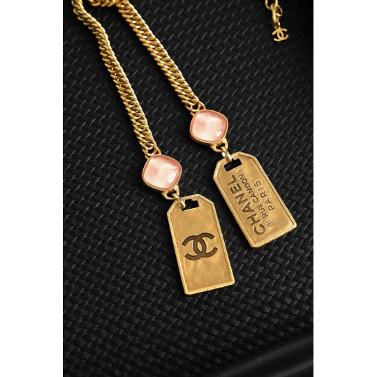 Chanel Gold Chain Necklace Pink Stone Logo Tags