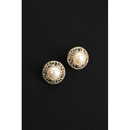 Chanel CC Pearl Round Stud Earrings Gold