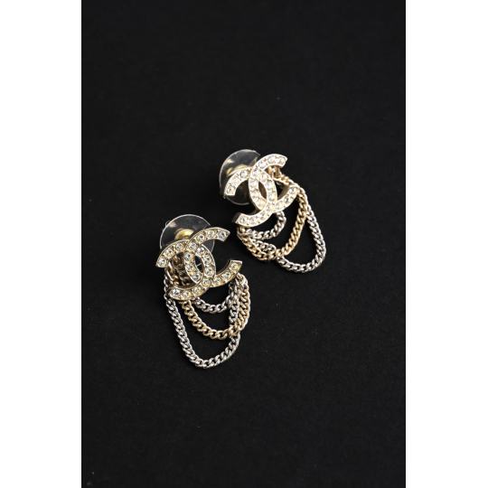 Chanel CC Crystal Chain Drop Earrings Gold
