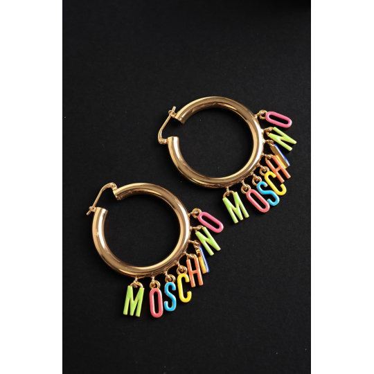 Moschino Logo Charm Hoop Earrings Gold Multicolor