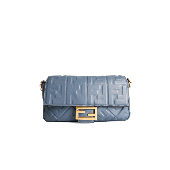 Fendi Baguette Medium FF Embossed Nappa Leather Blue