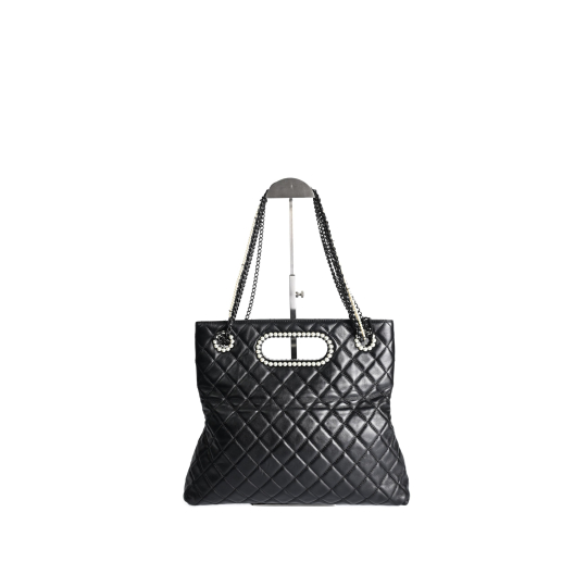 Chanel Shopping Tote Pearl Chain Black Lambskin