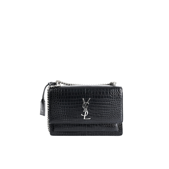 Saint Laurent Sunset Medium Black Croc Embossed Silver Hardware