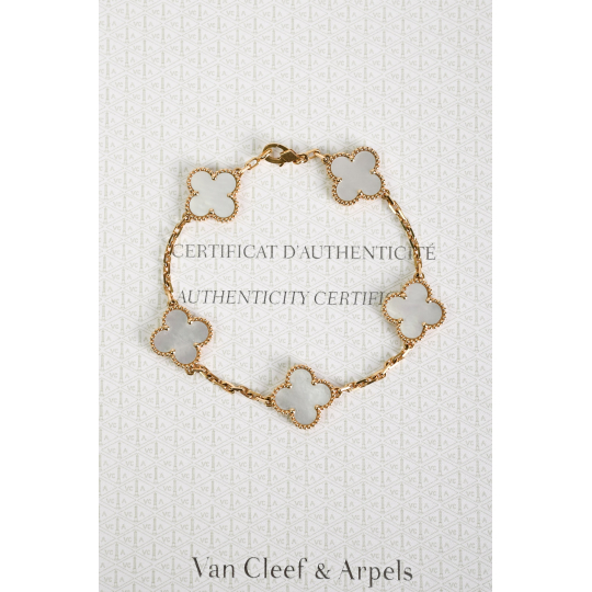Van Cleef Arpels Vintage Alhambra Bracelet 5 Motifs Mother of Pearl Yellow Gold