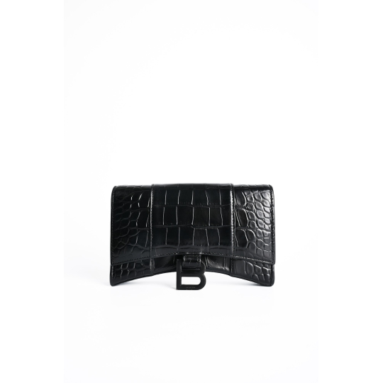 Ví Balenciaga Hourglass Wallet on Chain Da Dập Vân Cá Sấu Đen